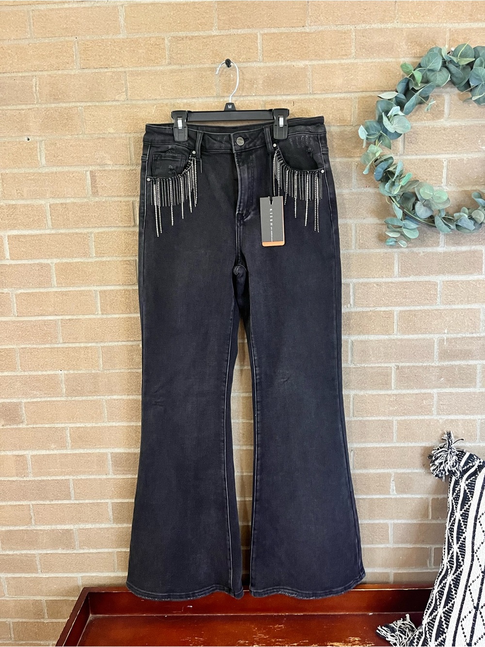 Black Flare Jeans with Silver Fringe Accents